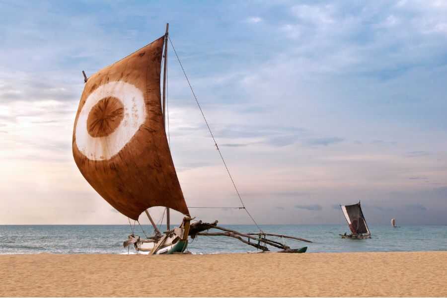 a sailboat on the beach with a blue sky sri lanka experiential journey